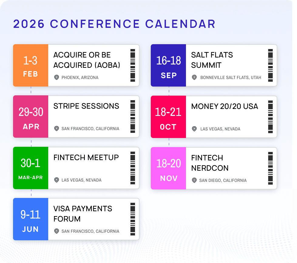 2026 fintech conference calendar featuring AOBA, Stripe Sessions, Fintech Meetup, Visa Payments Forum, Salt Flats Summit, Money 20/20, and Fintech Nerdcon dates and locations