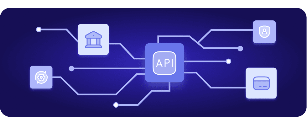 API-first architecture with central API connecting to multiple financial systems