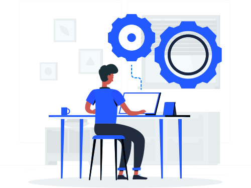 Cartoon image of a person sitting at a computer with big gears on top of it.