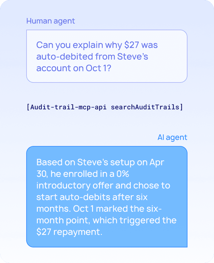 Loan servicing AI agent using Model Context Protocol to answer customer payment question by searching audit trails and account data