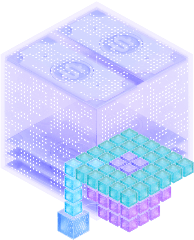 A large number of cubes in different colors and sizes coming together to build a new shape to signify the creation of new line of credit products